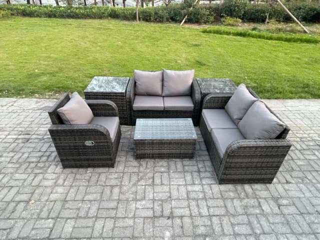 Fimous High Back Rattan Garden Furniture Set with Loveseat Sofa Rectangular Coffee Table 2 Side Tables Indoor Outdoor Patio Lounge Sofa Set Dark Grey