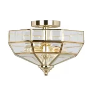 2 Bulb Semi Flush Light Highly Polished Brass Finish LED E27 60W Bulb