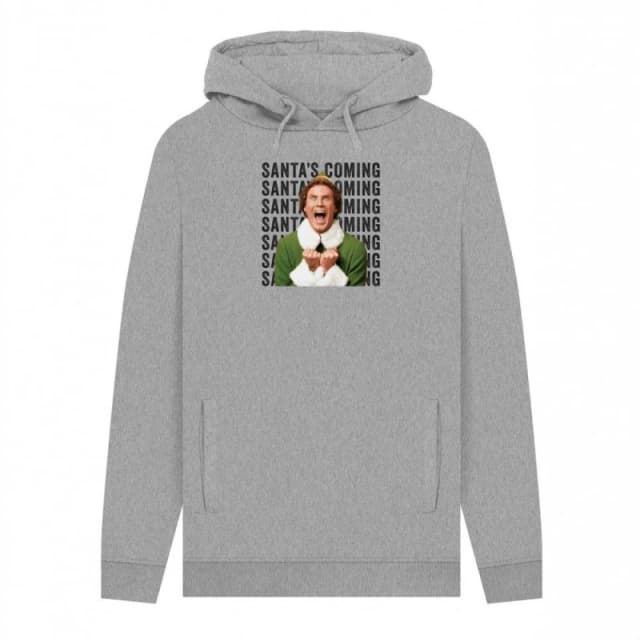 Elf Mens Santa's Coming Graphic Hoodie in Light Grey Size: Small Light Grey Male S
