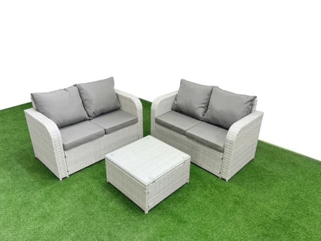 Fimous 4 Seater Outdoor Love Sofa Set Rattan Garden Furniture Set with Square Coffee Table Light Grey Light Grey