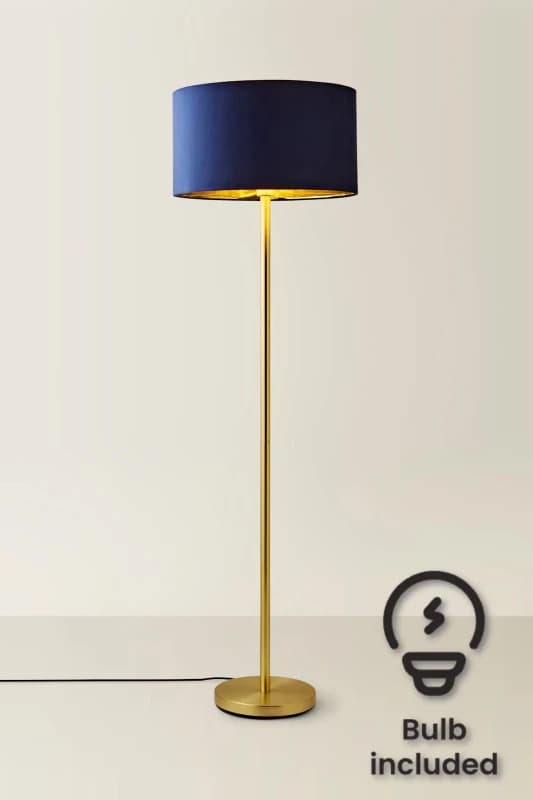 ValueLights ValueLights Charlie Gold Stem Floor Lamp with Velvet Drum with Gold Inner Shade & LED Bulb in Dark Navy Dark Navy One Size Unisex 50594060
