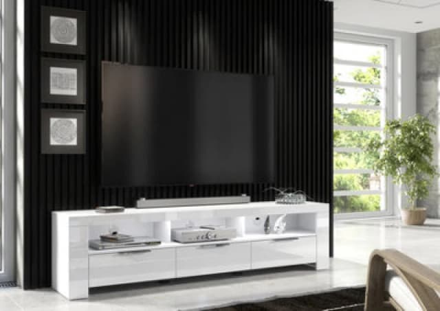 Furneo 200Cm White Long TV Stand Unit Cabinet Matt & High Gloss White LED Lights Phantom 10