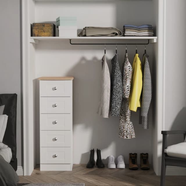 Santander Ready Assembled Matt White & Oak 5 Drawer Wide Bedside Chest (H)1074mm (W)395mm (D)411mm