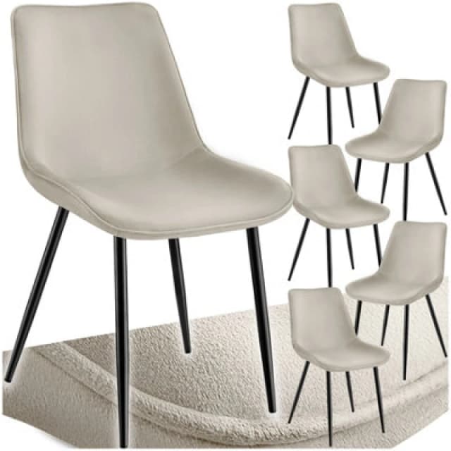 Tectake Set Of 6 Dining Chair Monroe - Padded, Velvet Look, Ergonomic Seat, Black Steel Legs - Cream