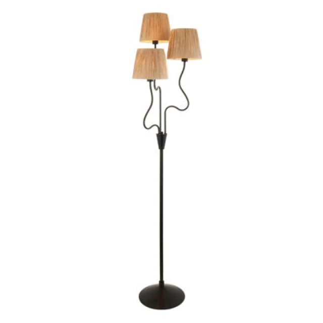 Wriggle Multi Arm Floor Lamp Matt Black, Natural Raffia, 3x E14