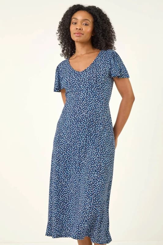 Roman Womens Petite Floral Print V-Neck Midi Dress in Navy Size: 12 Navy Female 12