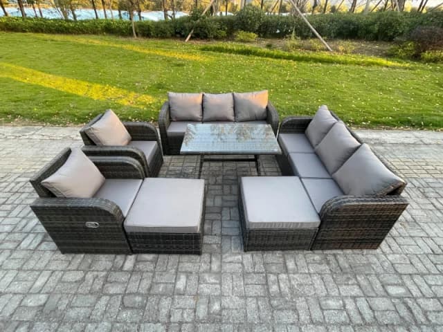 Fimous Rattan Garden Furniture Dining Set 10 seater Patio Rectangular Table 2 Big Footstool Dark Grey Mixed Dark Grey
