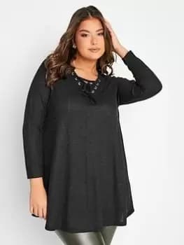 Yours Lace Up Detail Top, Black, Size 18, Women