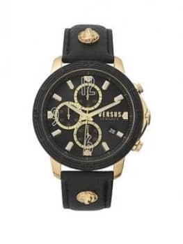 Versus Versace Black And Gold Detail Chronograph Dial Black Leather Strap Mens Watch