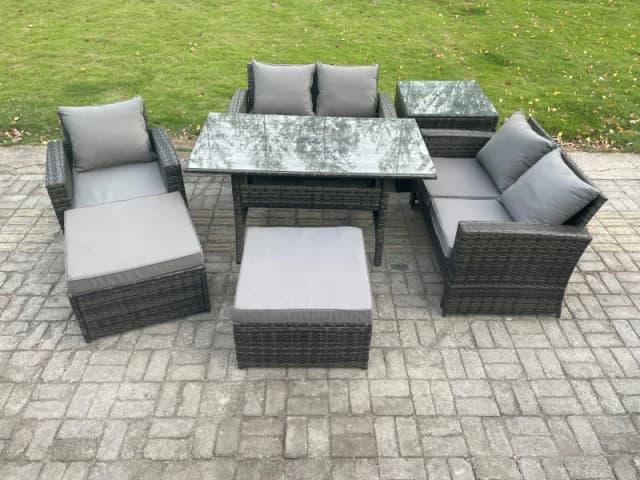 Fimous Outdoor Garden Dining Set Wicker PE Rattan Furniture Sofa with Dining Table Double Seat Sofa Side Table 2 Big Footstool Dark Grey Mixed Dark Gr