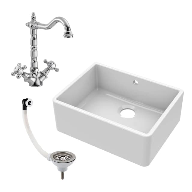 Balterley Fireclay 1 Bowl Butler Sink Overflow Tap Waste 595mm in White White Unisex
