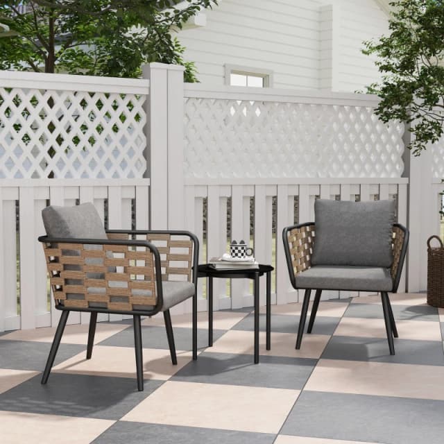 Outsunny 3 Pieces Rattan Bistro Set, Wicker Garden Furniture Set w/ Cushions Black