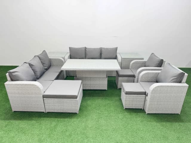 Fimous PE Rattan High Back Lounge Sofa Set Patio Adjustable Lifting Dining or Coffee Table & Chairs Set with 3 Seater Sofa Reclining Chair 3 Stools 2