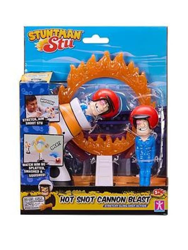 Stuntman Stu Hot Shot Cannon blast Sling shot toy with two rubber figures and ring of fire target Create fun stunts at home Toys