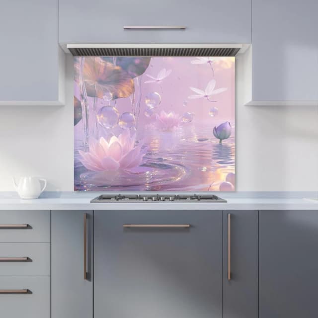 Warren Reed - Designer Enchanted Waterlilies & Bubbles Kitchen Splashback in Purple Size: 600mm x 750mm Purple Unisex 600mm x 750mm