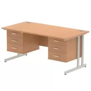 Impulse 1600 Rectangle Silver Cant Leg Desk OAK 2 x 3 Drawer Fixed Ped