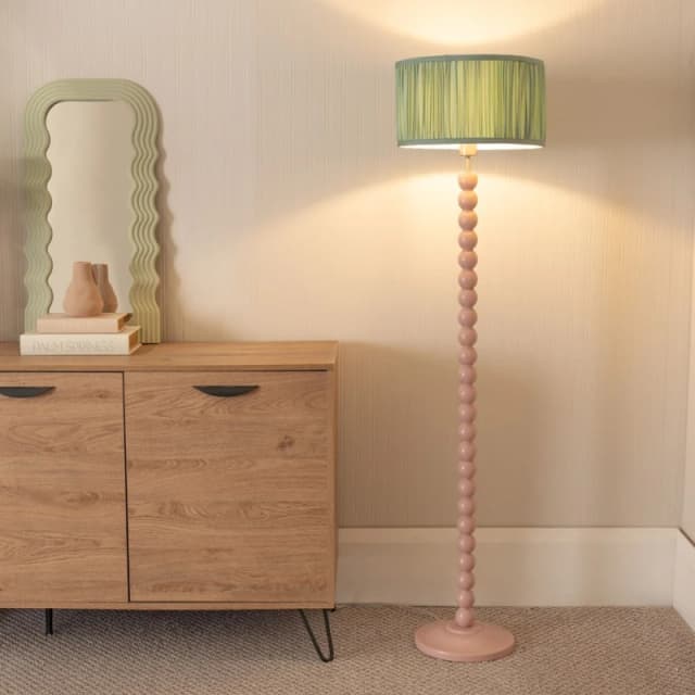 ValueLights Bobbins Painted Rose Floor Lamp with Ruched Pleated Drum Lamp Shade Pale Green