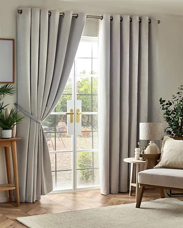 Chenille Triple Woven Ready Made Eyelet Blackout Curtains Silver