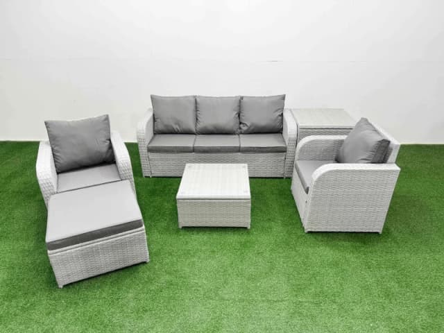 Fimous PE Rattan Garden Furniture Set Reclining Chair Sofa Lounge Sofa Set Square Coffee Table Side Table Big Footstool Light Grey Light Grey