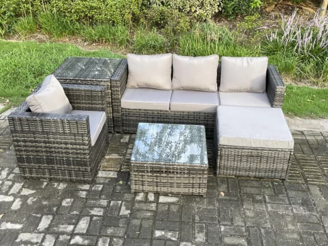 Fimous Rattan Garden Furniture Set 5 Seater Patio Outdoor Lounge Sofa Set with Side Table Square Coffee Table Big Footstool Dark Grey Mixed Dark Grey