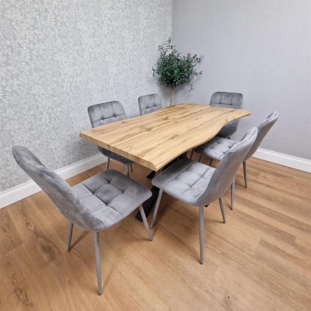 Kosy Koala 7 Piece Dining Set, Brown Wooden Table With 6 Grey Tufted Velvet Chairs, Multi DK117+6GY ROCCO