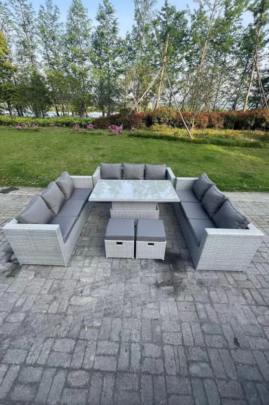 Fimous U Shape Rattan Garden Furniture Set Adjustable Rising Lifting Table Dining Set 2 Stools Light Grey