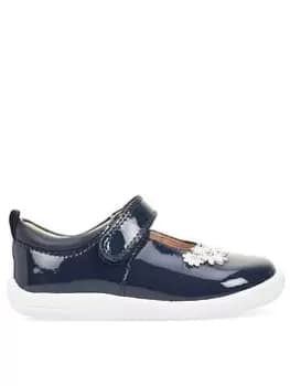 Start-rite Fairy Tale Girls Navy Blue Patent Leather Flower Detail Mary Jane Riptape Shoes - Navy Blue, Navy Patent, Size 4.5 Younger