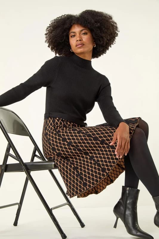 Roman Contrast Skirt Knit Jacquard Dress Camel