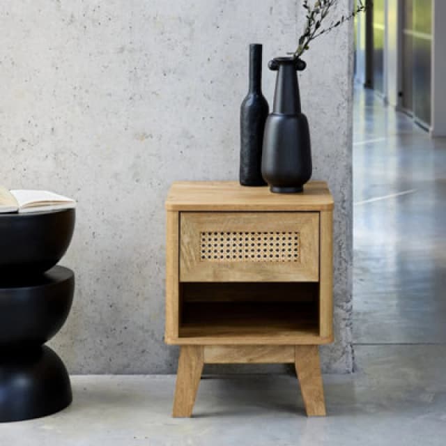 sweeek Bedside Table With Drawer And Niche Wood And Cane Effect Light Brown