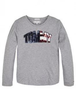 Tommy Hilfiger Girls Long Sleeve Sequin Logo T-Shirt - Grey Marl, Size Age: 4 Years, Women