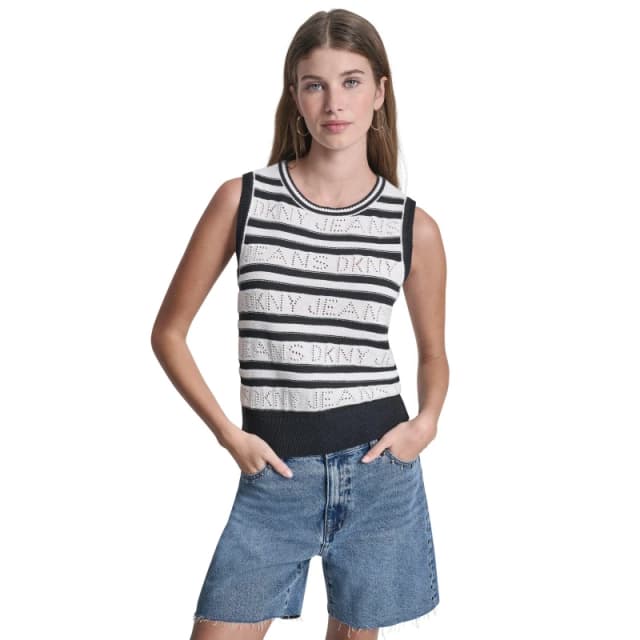 DKNY Jeans Logo Pointelle Striped Sleeveless Sweater Ivory/Black female 8 (XS)