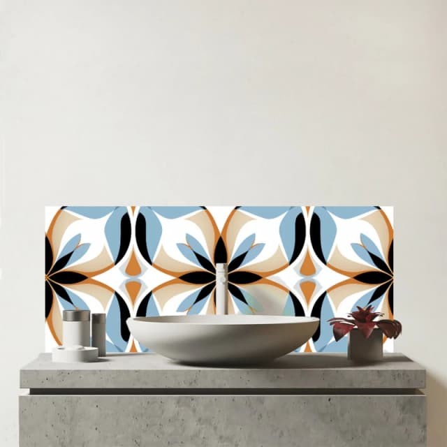 Warren Reed - Designer White Brown & Blue Geometric Pattern Glass Bathroom Splashback Blue Unisex