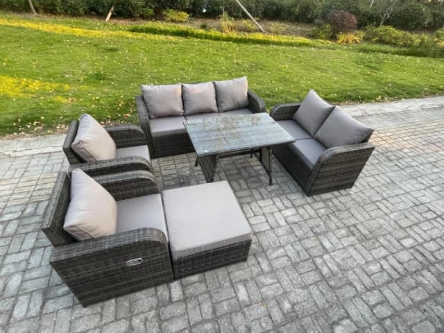 Fimous 8 Seater High Back PE Rattan Sofa Set Outdoor Garden Furniture Dining Table Set With Reclining Chair 3 Seater Sofa Dark Grey