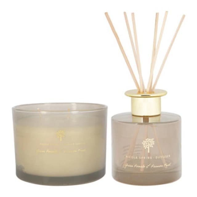 Nicola Spring Scented Candle & Reed Diffuser Set - 350G - Green Pomelo & Passion Fruit - Fruity Fresh Fragrance Double Wick