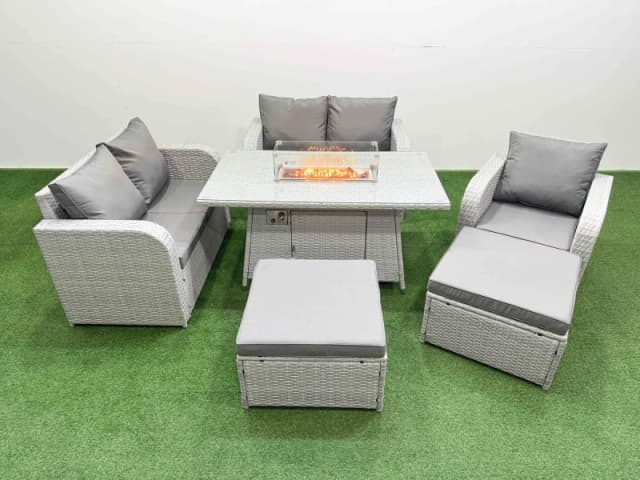 Fimous High Back Poly Rattan Garden Furniture Set with Reclining Chair Loveseat Sofa Firepit Dining Table Indoor Outdoor Patio Set 2 Big Stool Light