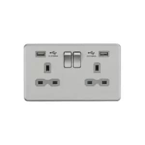 Knightsbridge - 13A 2G Switched Socket with Dual usb Charger (2.4A) - Brushed Chrome with Grey Insert