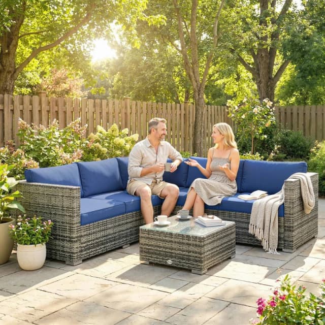 OUTSUNNY 4 Pieces Rattan Garden Furniture Sofa Set with Coffee Table Blue Blue Unisex