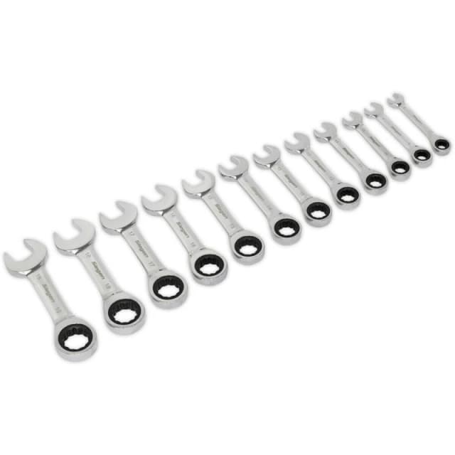 Loops 12pc STUBBY Short Ratchet Combination Spanner Set 12 Point Metric Ring Open Head Multi