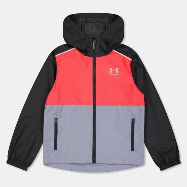 Under Armour Kids Windbreaker Water-Repellent Windproof Hooded Long Sleeve Rain Anorak Black/Red male 10-11 (L)