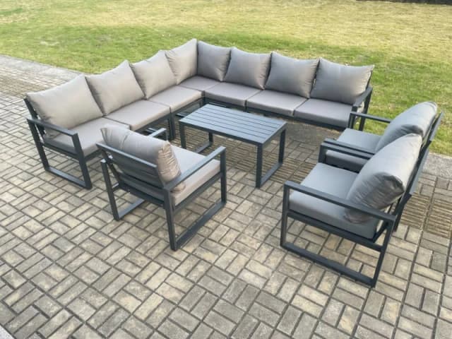 Fimous Aluminium Patio Outdoor Garden Furniture Lounge Corner Sofa Set with Oblong Coffee Table 3 Chairs Dark Grey Dark Grey Unisex