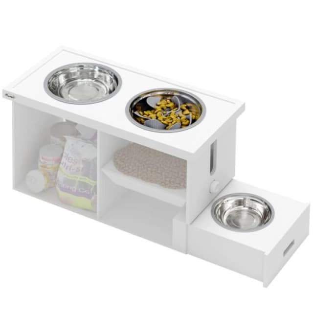 PawHut Raised Dog Bowls with Slow Feeder Mat & Semi-Auto Dispenser Function White