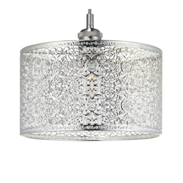 Happy Homewares Ornate Moroccan Style Decorated Shiny Silver Metal Pendant Shade 25Cm X 15Cm