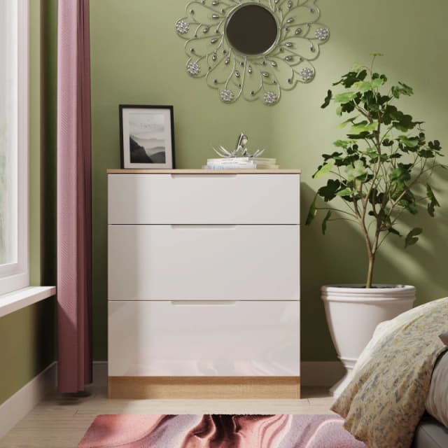 Welcome Furniture Ready Assembled Milan 3 Drawer Deep Chest In White Gloss & Bardolino Oak, White MIL049WGBO