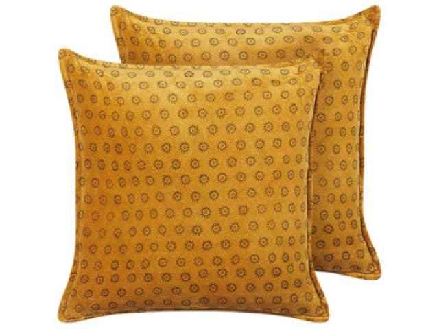 Beliani Set Of 2 Decorative Cushions Rapis Velvet 45 X 45cm Yellow Geometric Pattern