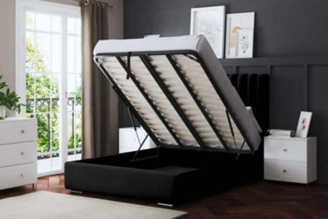 DS LIVING Evangeline Black Upholstered Panel Bed With Ottoman Metal Gas Lift Double AM_TUBESOB_DBL_BLA