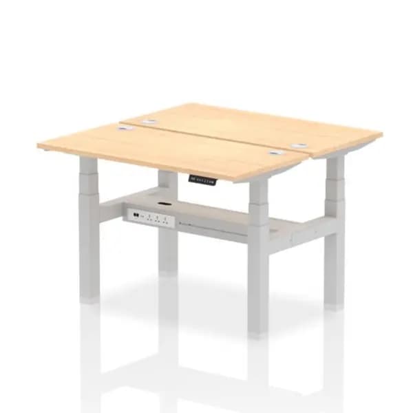 Air Air Back-to-Back 1200 x 600mm Height Adjustable 2 Person Bench Desk Maple Top with Cable Ports Silver Frame HASCP2P12600MPES