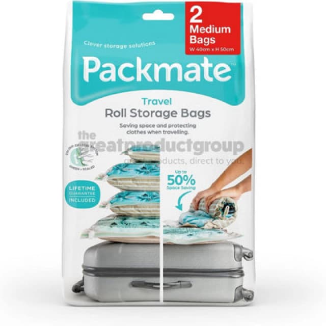 2Pc Medium Travel Roll Vacuum Storage Bag Set (40X50Cm) By Packmate