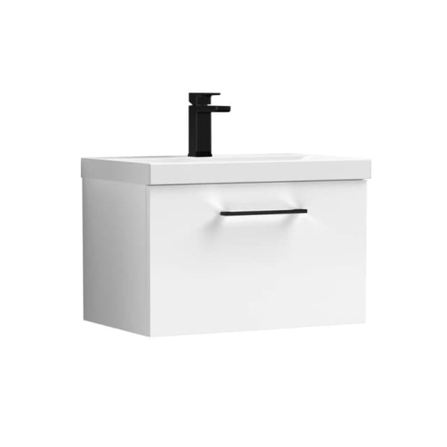 Balterley 600mm Wall Hung 1 Drawer Vanity Basin Unit, Gloss White, Black Handle in White White Unisex