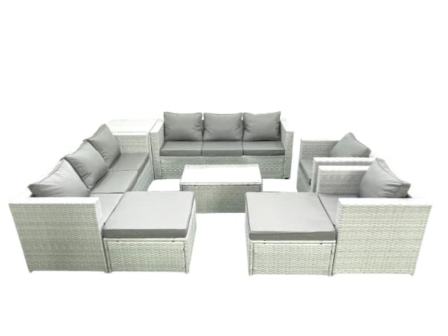 Fimous Outdoor Rattan Sofa Garden Furniture Set with 2 Armchairs Oblong Coffee Table 2 Big Footstools Side Table Light Grey Mixed Light Grey