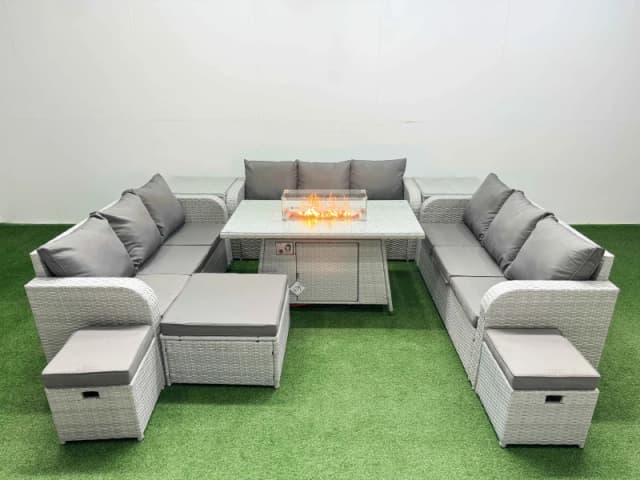 Fimous PE Rattan Lounge Sofa Set 12 Seater Outdoor Garden Furniture Set with Firepit Dining Table 3 Seater Sofa 3 Stools 2 Side Table Light Grey Light